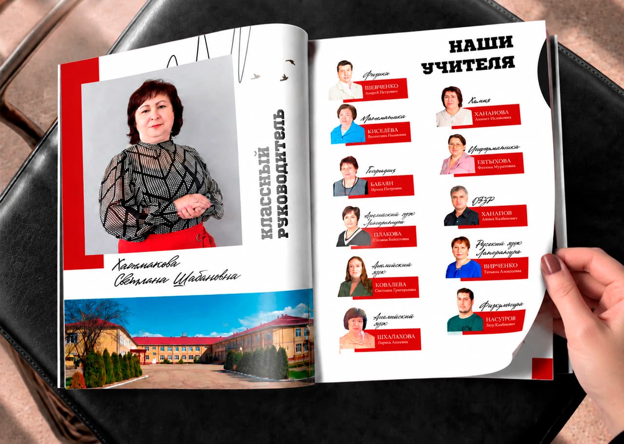 Разворот журнала «Наши учителя» с портретами педагогов и фотографией школы